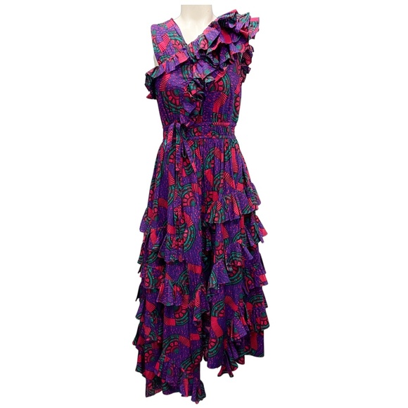 ULLA JOHNSON PURPLE / PINK MULTI RUFFLED COTTON MIDI DRESS - Picture 1 of 5